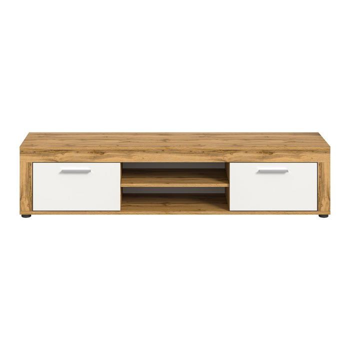 CALICOSY - Meuble TV 2 portes abattantes et 2 niches blanc et chêne wotan L160 cm - AOSTA - Blanc CALICOSY - Meuble TV 2 portes abattantes et 2 niches blanc et chêne wotan L160 cm - AOSTA - Blanc
