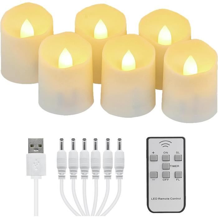 Bougie LED aste sans flamme avec télécommande et minuterie, lampes chauffe- plat scintillantes, chargeur USB, lampe de chevet, 6 ports, 6 pièces