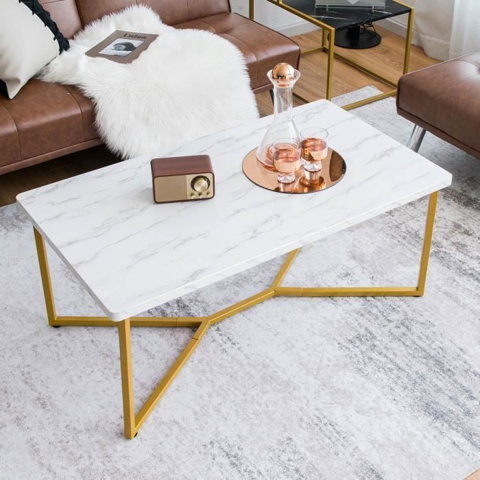 Table Basse Salon Imprimée Marbre COSTWAY 107 x 60 x 455 CM Pieds en Métal Doré avec Patins Ajustables Table Basse Rectangulaire