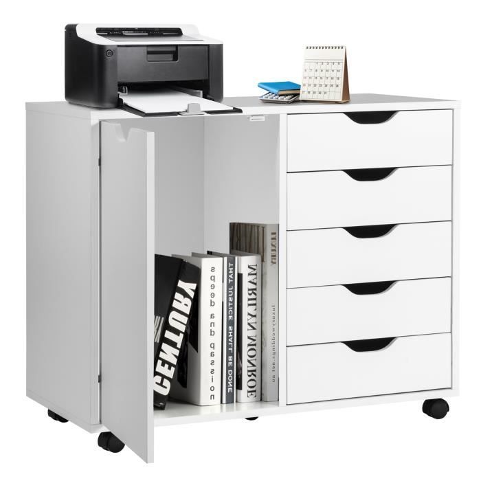 COSTWAY Caisson de Bureau avec Roues 5 Tiroirs Placard Poignée Incurvée Support Imprimante pour Bureau 79 x 39 x 65 cm Blanc