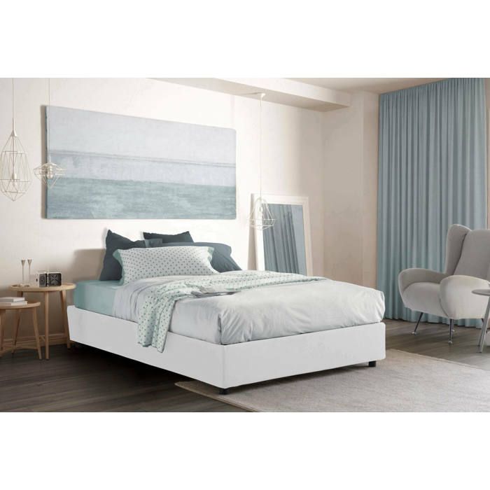 Dmora - Lit français Attilino 205x155xh32 cm blanc Panneau effet bois et Polyester