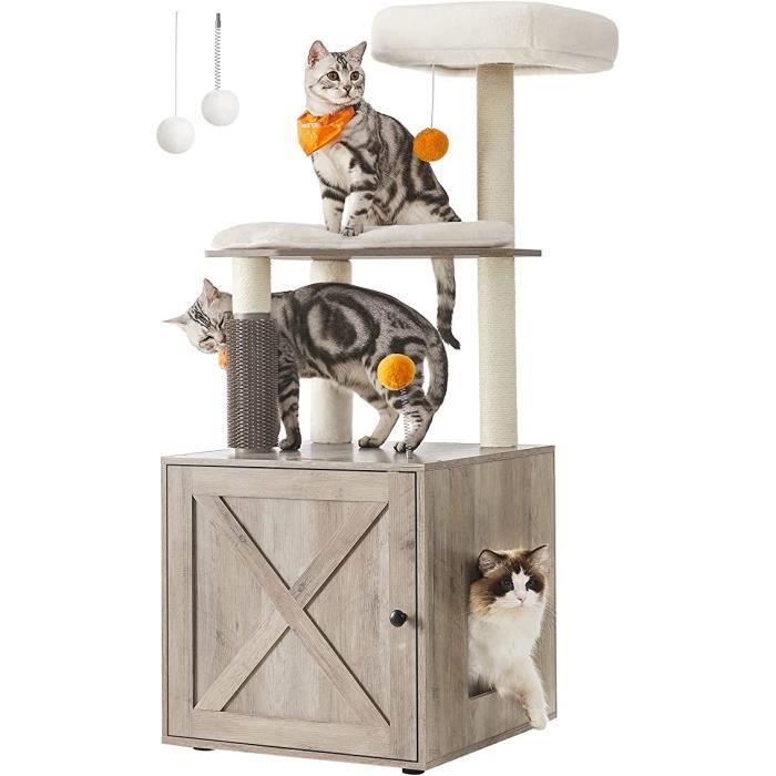 Comparer les prix de Arbre à Chat avec Maison de Toilettes, Tour de Jeu Moderne 2-en-1, Poteaux à Griffer, Perchoir, Tapis Lavables, Grège