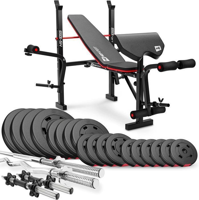 Hop-Sport Banc de Musculation Pliable HS-1055 avec Pupitre de Curl, Papillon et Curler de Jambes avec Set d'haltères - 92 kg