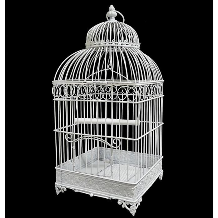 Petite Cage à Oiseaux De Jardin Intérieur Extérieur Carrée En Fer Patiné Blanc 16x16x42cm