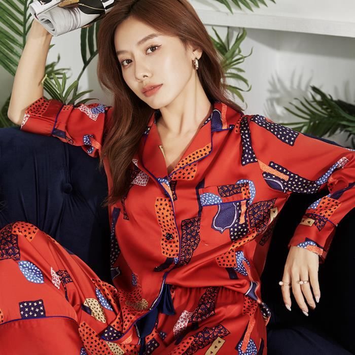 Pyjama en satin de soie,Pyjama en Satin à manches longues pour femmes ...