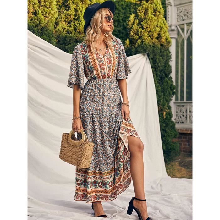 Femmes Robe ??t?� Mi-Longue Manches Courtes Robe Col En O Robes Casual ??t?� Plage Floral Robe De 