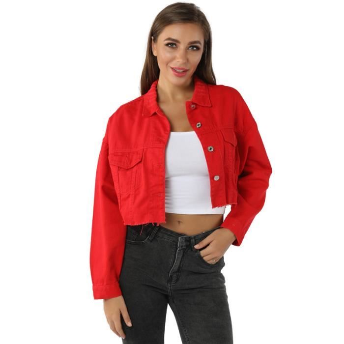 Veste Courte en Jean Femme Manches Longues Coupe Slim Sans Stretch Rouge Cdiscount Pret a Porter