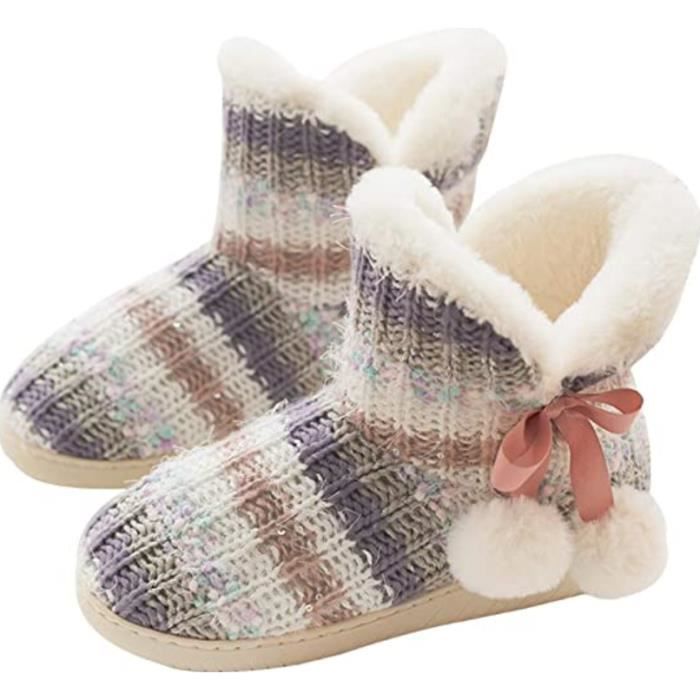 Chaussons Montants Femme Peluche Doublure Tige Tricotée Boutons en  Bois Gris