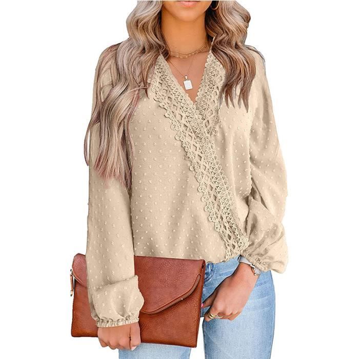 Chemisier Femme Dentelle D contract Col V l gant Couleur Unie