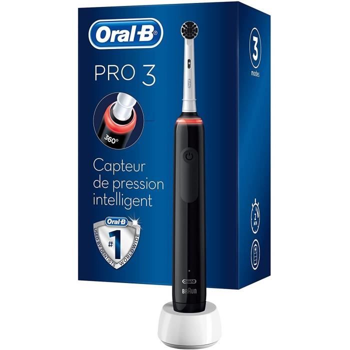 Brosse à Dents Électrique Rechargeable Oral-B PRO 3 3000 - Avec 1 Manche Capteur de Pression et 1 Brossette - Technologie 3D - Noir