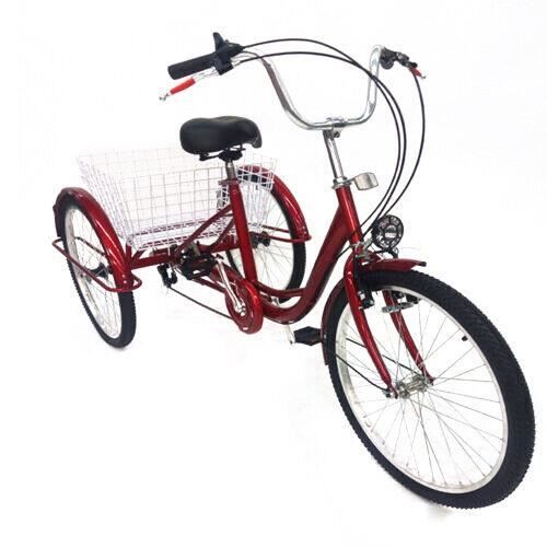 24 pouces tricycle 6 vitesses cruiser vélo avec panier tricycle lumière shopping tricycle adulte tricycle rouge
