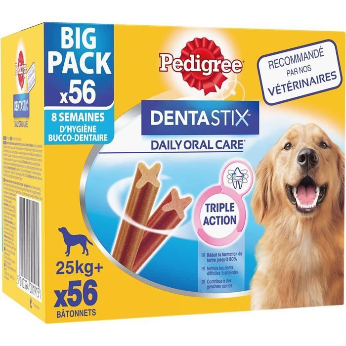 Meilleurs prix pour PEDIGREE DENTASTIX Sticks Dentaires pour Grand Chien +25kg - 56 Bâtonnets à Mâcher (Lot de 8 Sachets de 7 Friandises) - Hygiène Bucc