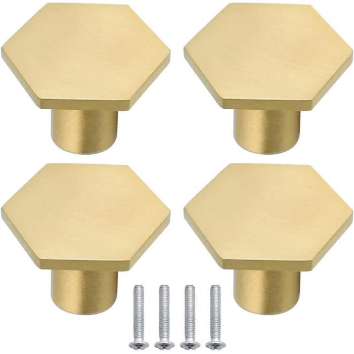 4 PCS Poignées Boutons 34mm Laiton Hexagone Boutons Massif Monotrou avec Vis Poignee laiton pour Armoire Commode Porte Placard(Or)