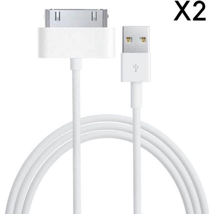 Lot 2 Cables USB [Compatible iPad 1 - 2 - 3] Chargeur Blanc 1 Metre  [Phonillico®]