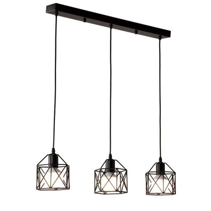 UNI Lustre Suspension 3 Lampes en Barre Cage Carré Métal Noir Pendentif Luminaire pour Cuisine Chambre Balcon Salon