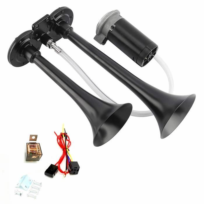Klaxon à Air Double Trompes 12V/24V - 170 DB, Noir, Pour Camion, Train, Bateau