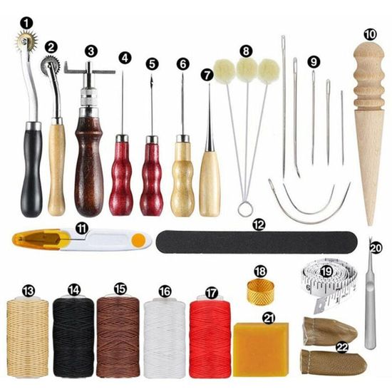 YIC Kit de pochette de couture en cuir aiguilles à fil ciré règle
