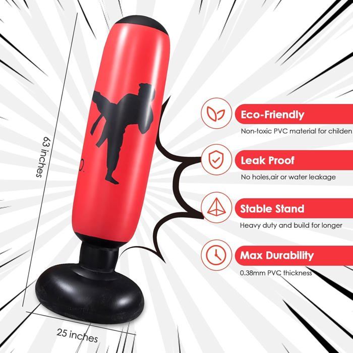Sac De Frappe Gonflable Enfant 160 Cm - Colonne De Boxe Sur Pied Avec Gants - Idéal 4-8 Ans
