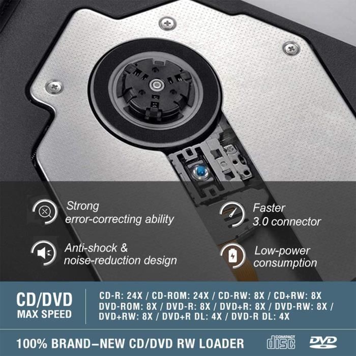 BENEWY - Lecteur CD DVD Externe, USB 3.0 et Type-C Grave