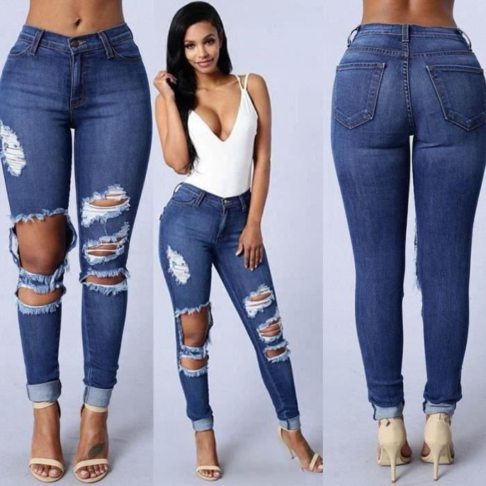 Jeans Femme Genou Trous Coupe Cintree Longs Pantalons FUNMOON Taille Haute Bleu