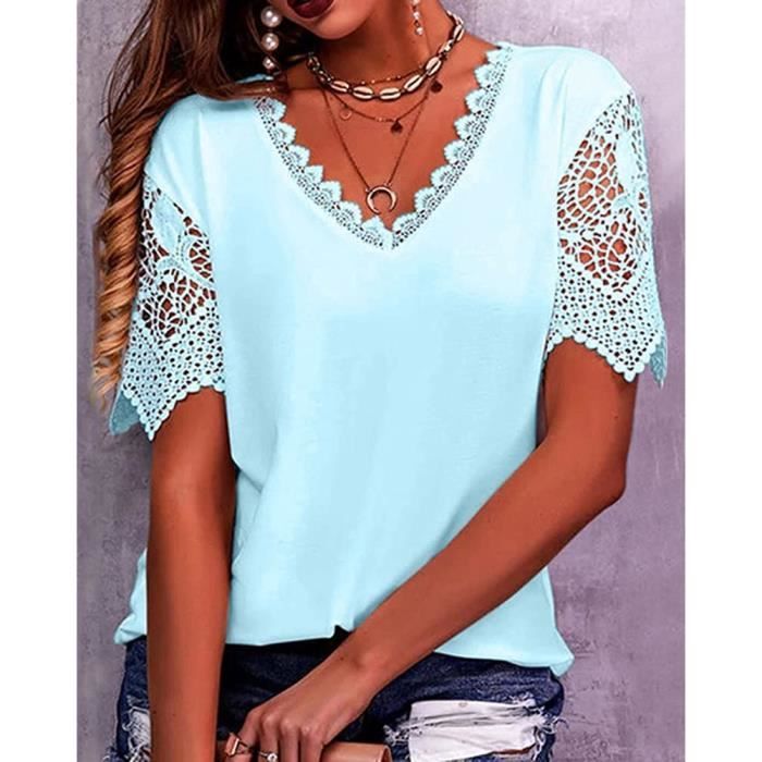 Chemisette Femme Sexy Chic Hauts A Manches Courtes Dentelle Ample Tunique Blouse Elegante Mode Col V Shirt Tops Imprime D ete Bleu Bleu roi Cdiscount Pret a Porter