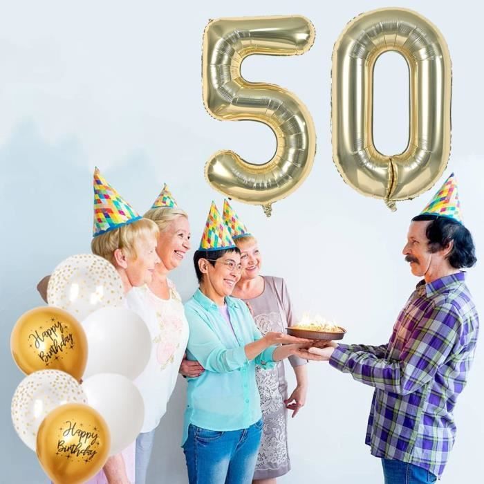 AIYONG 50 Ans Décoration Gâteau Anniversaire, 17 Pièces Joyeux Anniversaire Cake Topper, Happy Birthday pour Femme et Homme - Avec Bougie Chiffre (Or