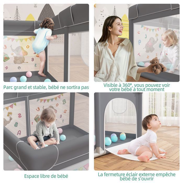 OHMG Parc Bébé Démontable Avec 50 Boules Plastiques - Grand Parc De Jeux Intérieur Extérieur