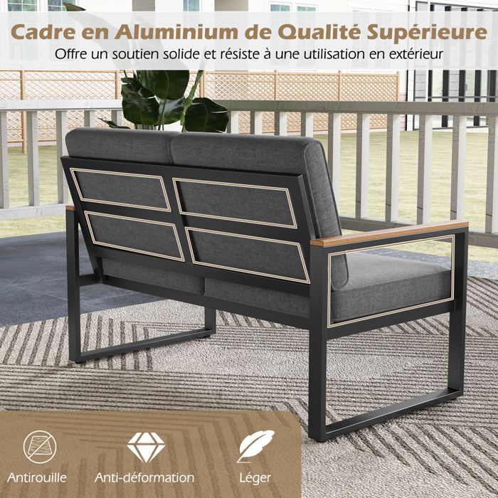 Salon de jardin extérieur 2 personne résine et acier gris Outsunny | Maisons du Monde