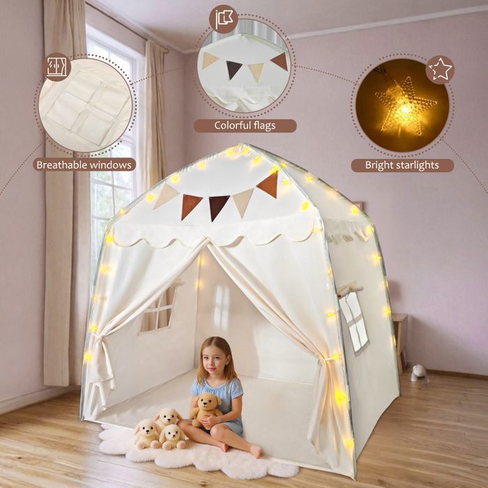 Tente Tipi Enfant 2 En 1 – 150x108x150 Cm, Avec Lumières Et Drapeaux, Cabane Intérieure Pour Princesses Et Explorateurs !