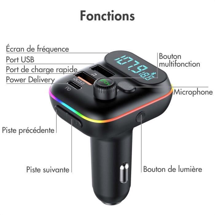 Noir--Allume-cigare Bluetooth pour voiture, Radio FM, émetteur 20W, Type C,  double USB, LED, lumière ambiante - Cdiscount Auto