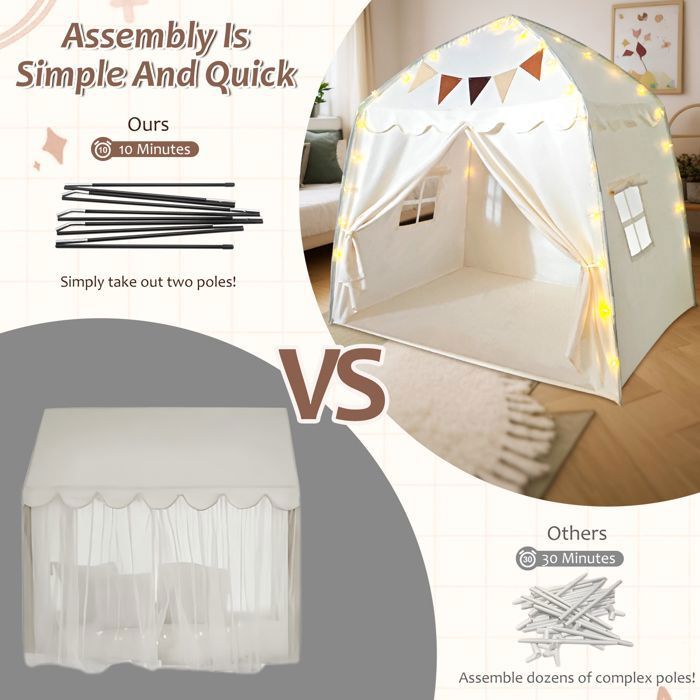 Tente Enfant Interieur Tente Jeux Enfant COSTWAY Avec Lumières - Cabane Intérieure Lavable Cabane Intérieure Guirlandes