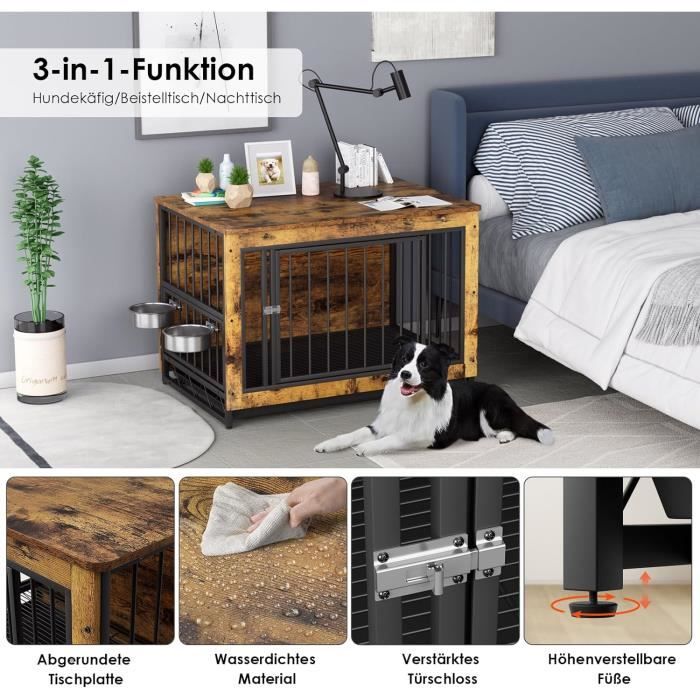 Cage Pour Chien Interieur, 93x64x58cm, Avec 2 Gamelles Et Portes Pour Chien, Avec Plateau Amovible,Jusqu'à 40 Kg, Bois