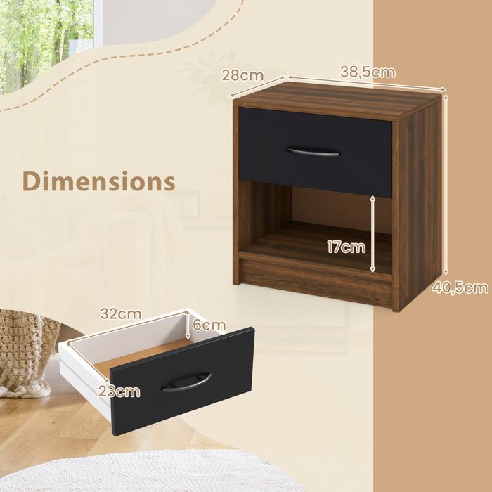 Table De Chevet Moderne HEYZOEY – Bois Noir Avec Tiroir Texturé Et Pieds Massifs, Design Élégant Pour Chambre & Salon