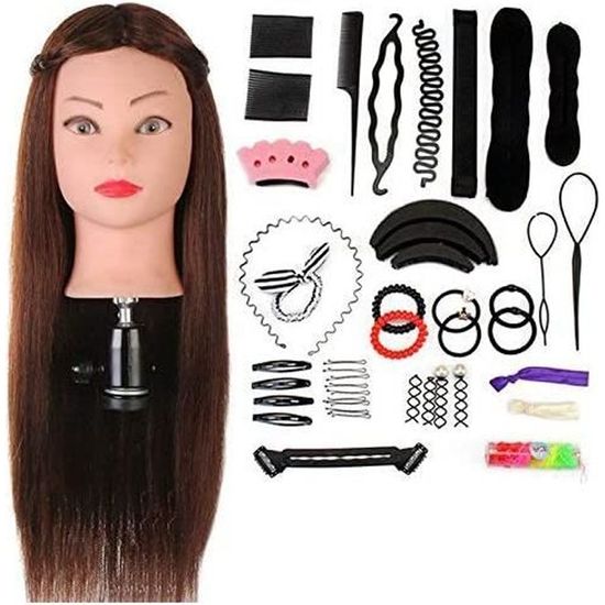 Tête à Coiffer 24 Pouces – 80% Cheveux Naturels – Support, Pince Et Accessoires Inclus – Pour Coiffure Et Maquillage