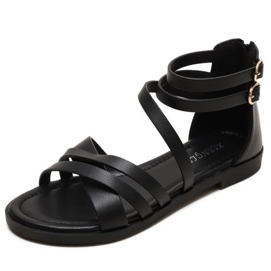 Sandales Plates Femme à Lanières - Tissu Lin Confortable - Bout Ouvert - Talon 1.5cm - Idéales Pour L'Été Et La Plage