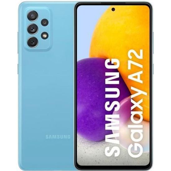Téléphone portable SAMSUNG GALAXY A72 de couleur bleue, écran FHD + 6,7 ", 2400 x 1080 pixels, 4G, Dual SIM, Android 11, processeur