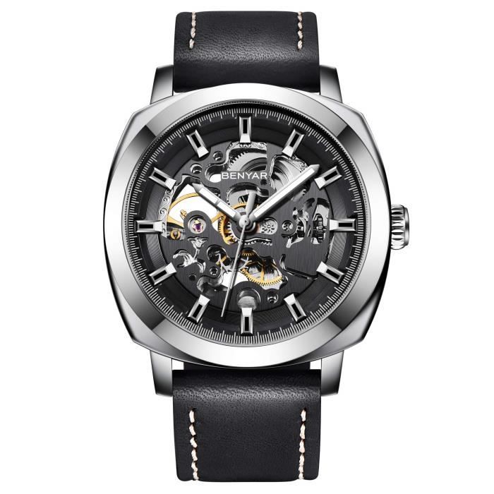 BENYAR - Montre Homme Mécanique à Automatique | Bracelet en Cuir | Mouvement Doré | Cadran Squelette de 45 mm | Résistant à l'eau et