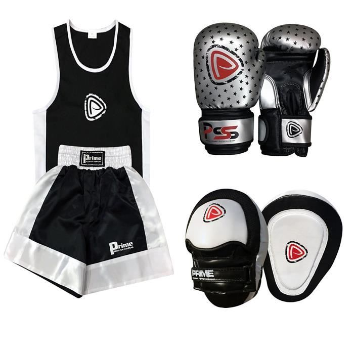 UNIFORME DE BOXE POUR ENFANTS AVEC LA TENUE (HAUT + SHORT) 13-14 ANS, LA PAIRE DE GANT TAILLE : 4oz ET 2 PATTES D’OURS – SILVER