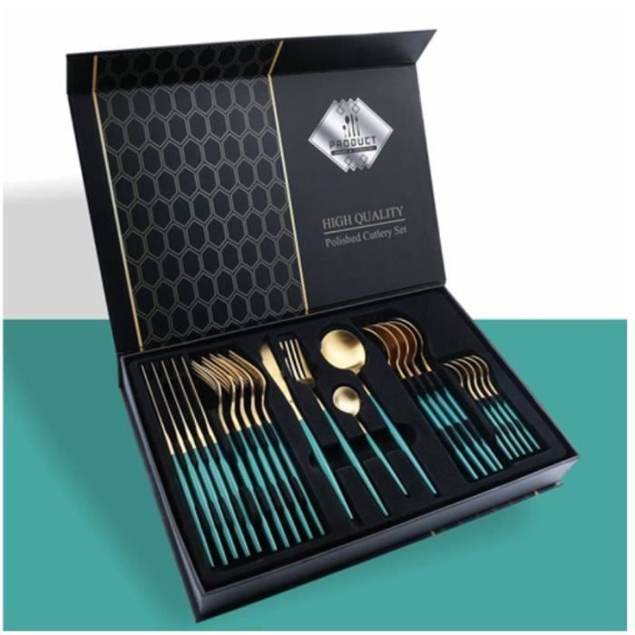 Couverts en acier inoxydable, Ménagère de 24 Pièces, sAvec coffret cadeau, coutellerie, couteau, fourchette, cuillère--Green Gold