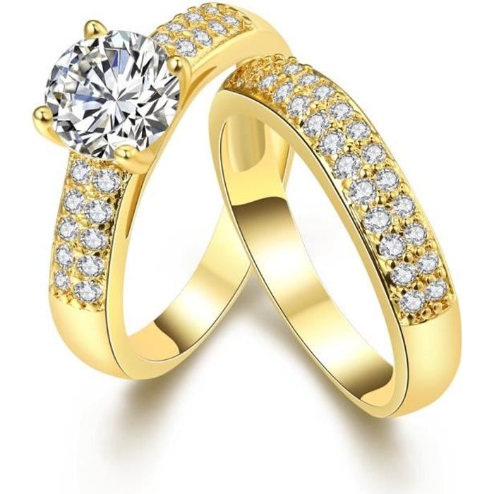 2 pièces Taille 57 Ensemble de bague de mariage étincelant 18k jaune plaqué or Bague pour femme Cadeau de bijoux nuptiale