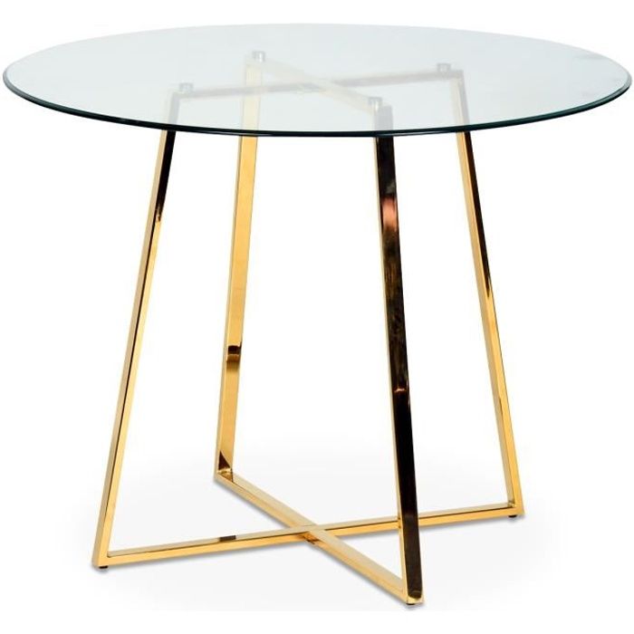 Table ronde en verre pied métal doré