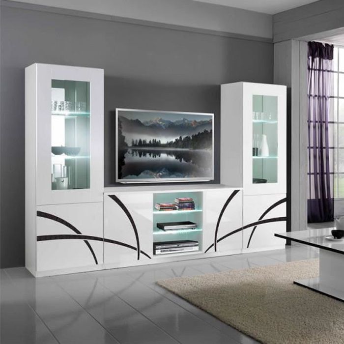 Composition TV Blanc/Blanc à LEDs - CROSS - Noir et Blanc - Verre / Bois - L 270 x l 47 x H 181 cm - Meuble tv