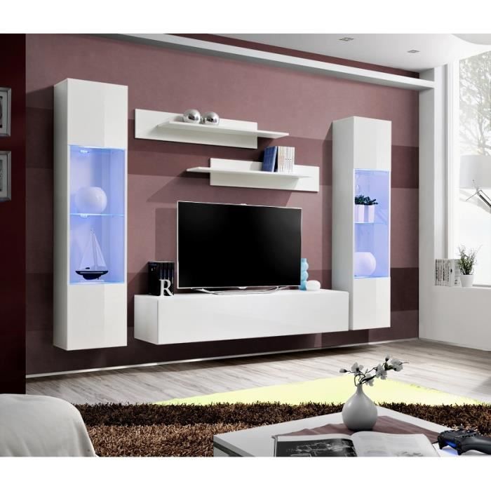PRICE FACTORY - Meuble TV FLY A3 design, coloris blanc brillant + LED. Meuble suspendu moderne et tendance pour votre salon.
