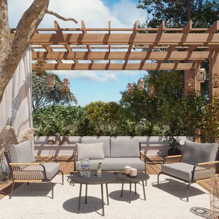 Salon de jardin 4 places avec 2 tables basses structure en aluminium et corde en résine - Collection Tonia - ELLE DÉCORATION