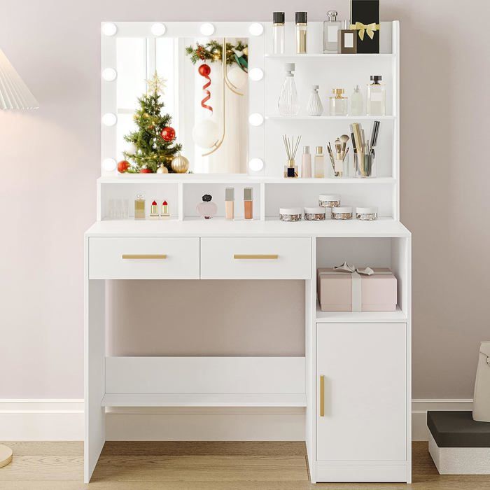 Coiffeuse avec Miroir et 10 Lumières LED Réglables Table de Maquillage avec 2 Tiroir 3 Étagères et 4 Compartiments Ouverts Blanc