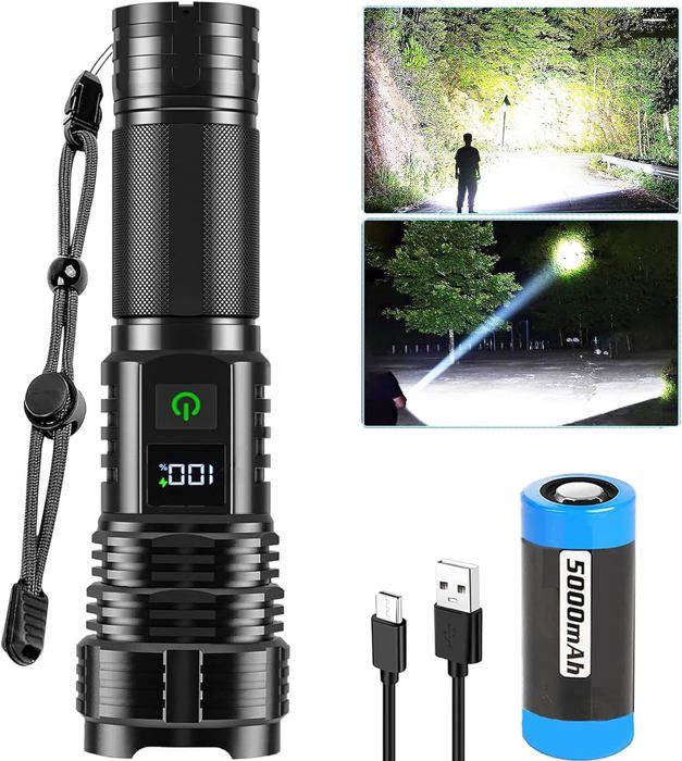Lampe Torche LED 600 000 Lumens Rechargeable USB – 9 Modes, IP67 Étanche – Pour Camping, Randonnée, Urgence