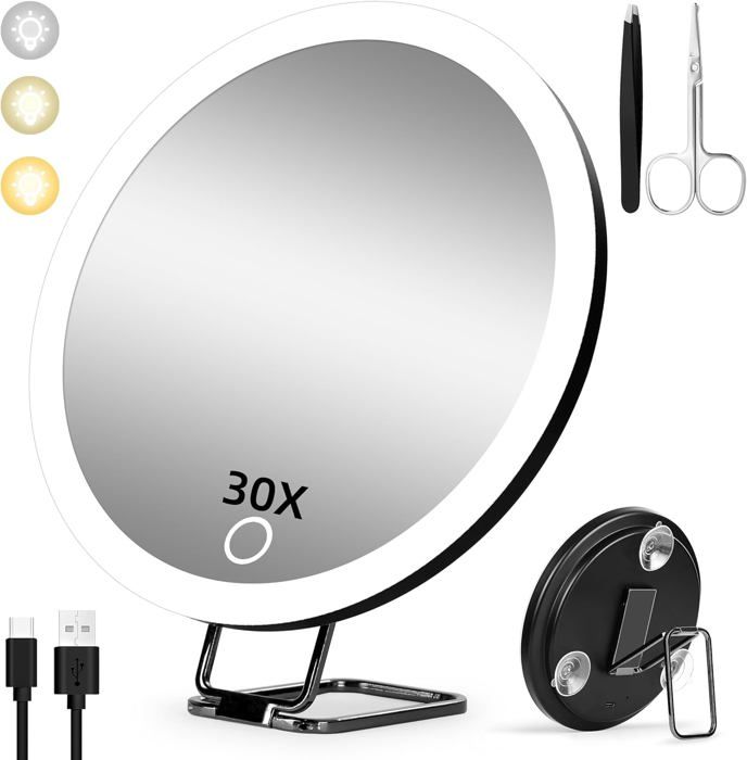 Miroir grossissant - Noir - 30X - 3 modes déclairage - Ventouses - Support 360°