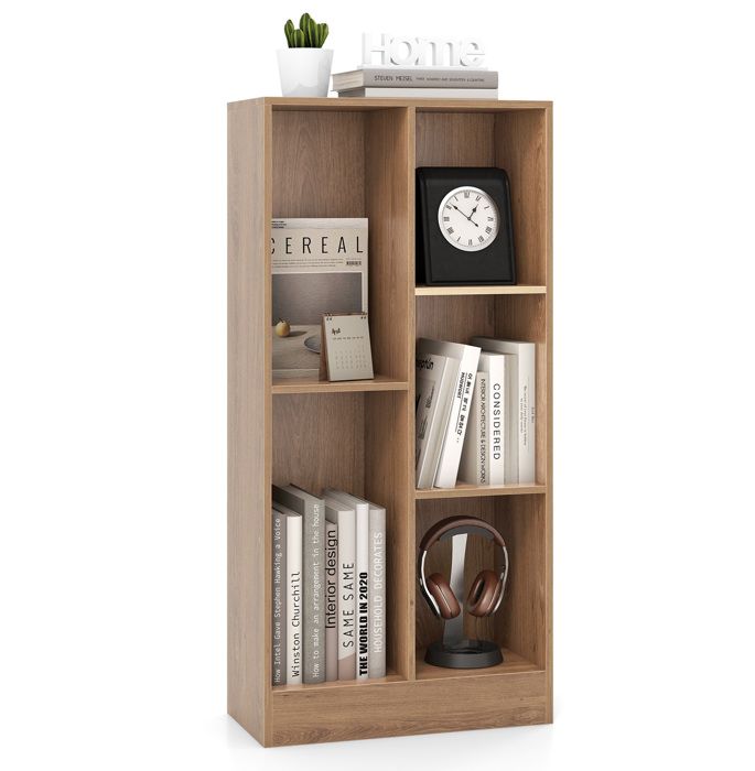 Bibliothèque à 3 Niveaux COSTWAY-50 x 24 x 1035 CM-5 Cases Ouverts de Rangement-Kit Anti-Basculement-Capacité Max 90 KG-Naturel