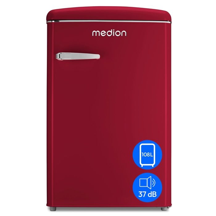Réfrigérateur Vintage – MEDION MD37790 – 95L réfrigération + 13L glaçons – 37 dB – Éclairage LED – Rouge