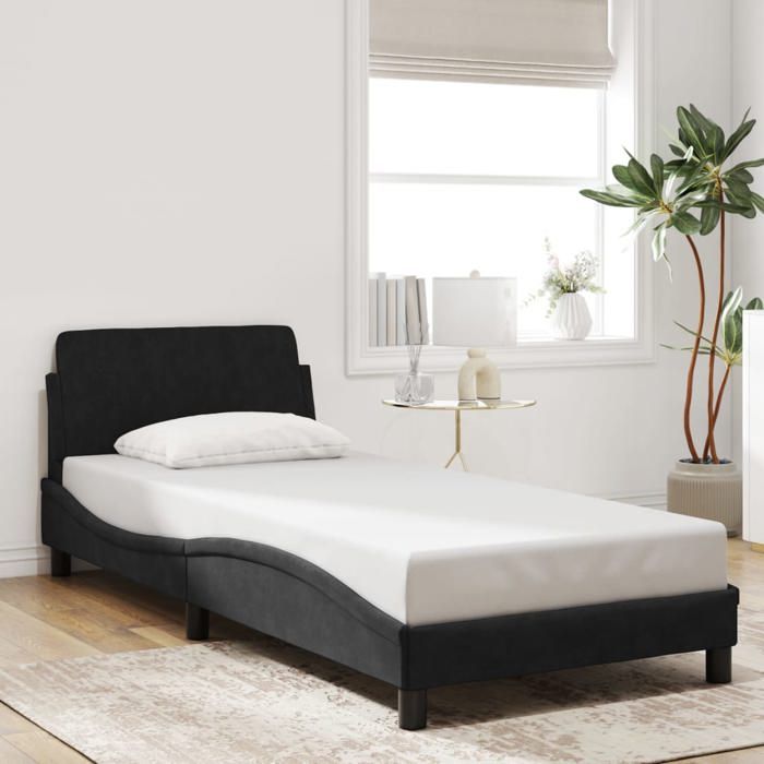 SALE 2025Structure/Cadre de lit et tête de lit - Lit 1 personne - noir 90x190 cm velours22 Kg 7994